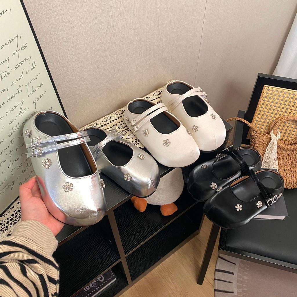 Spring 2025 new fashionable rhinestone flower bag head half drag inner height increase flat bottom round head solid color