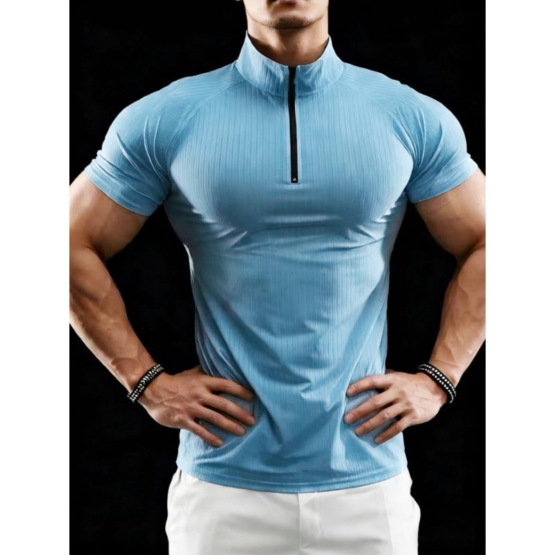 Men European Size Slim Fit Summer Half Zip Short Sleeve Ribbed Polo Shirt