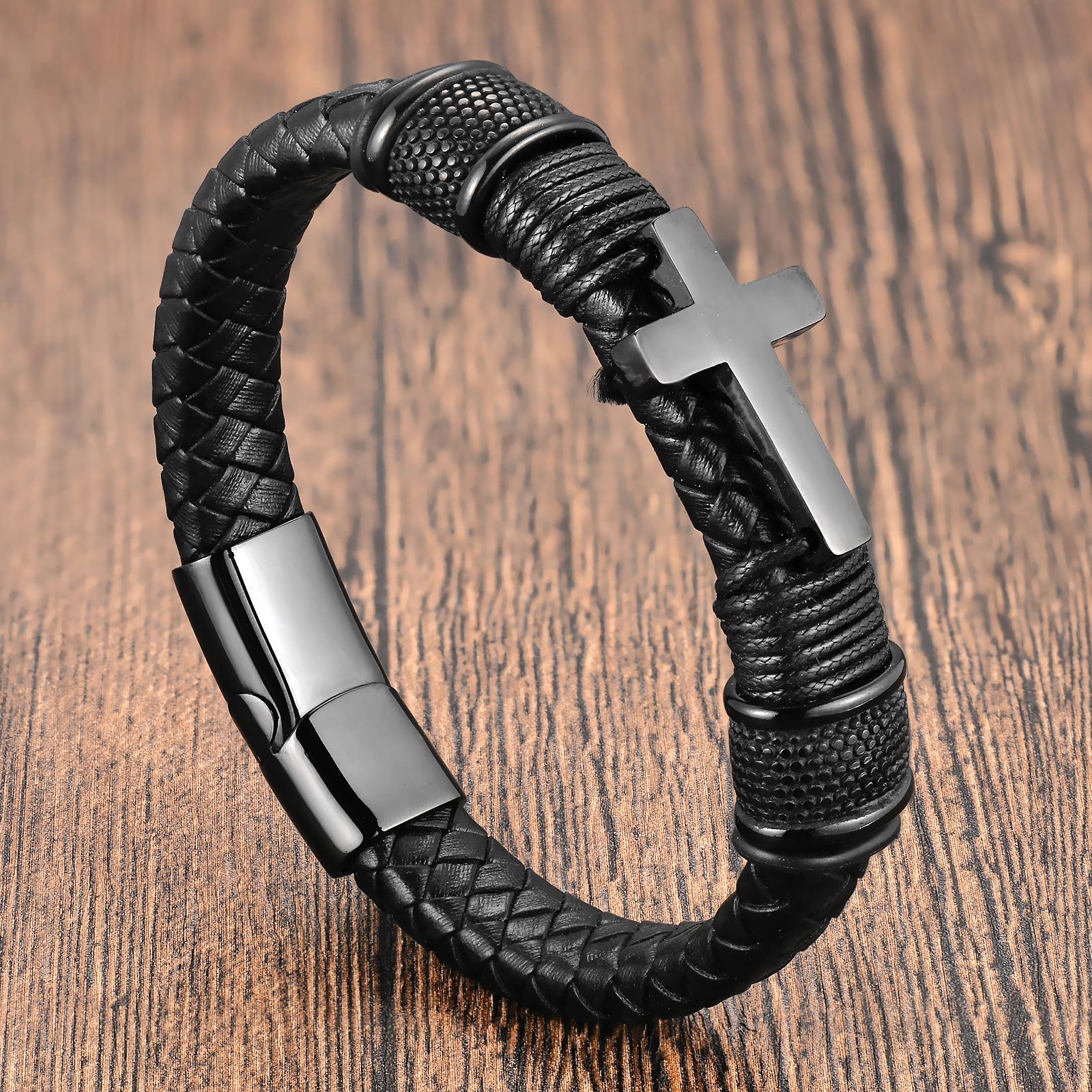 Black Leather Rope Cowhide Men s Cross Genuine Leather Woven Bracelet Fashion Multilayer Leather Bracelet 2026 21CM