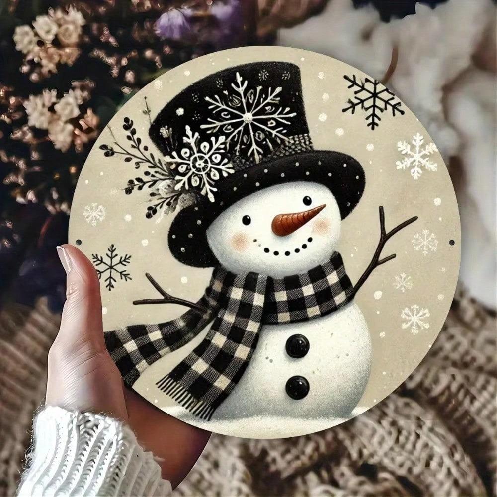 Christmas Snowman Metal Wall Art Rust Proof Decor 7.8 Inch Round Sign