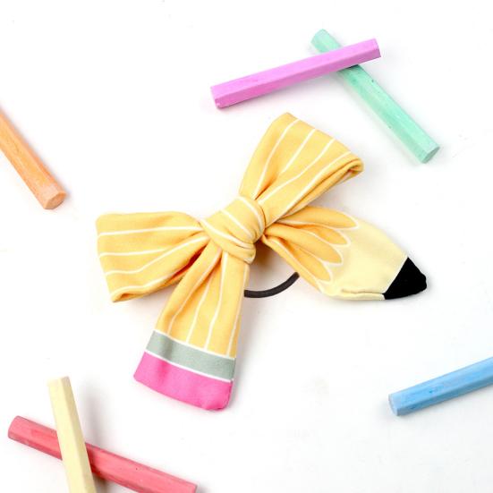Women Hair Rope Yellow Striped Pencil Bowknot Decor Hair Tie