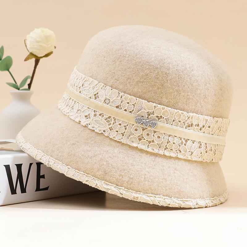 Women's 100% Pure Wool Autumn and Winter Bucket Hat Elegant Temperament Top Hat Warm Mother Hat