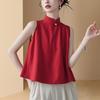 Womens Green Mandarin Collar Sleeveless Blouse Casual Chinese Style Frog Button Top