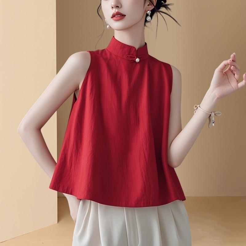 Womens Green Mandarin Collar Sleeveless Blouse Casual Chinese Style Frog Button Top S