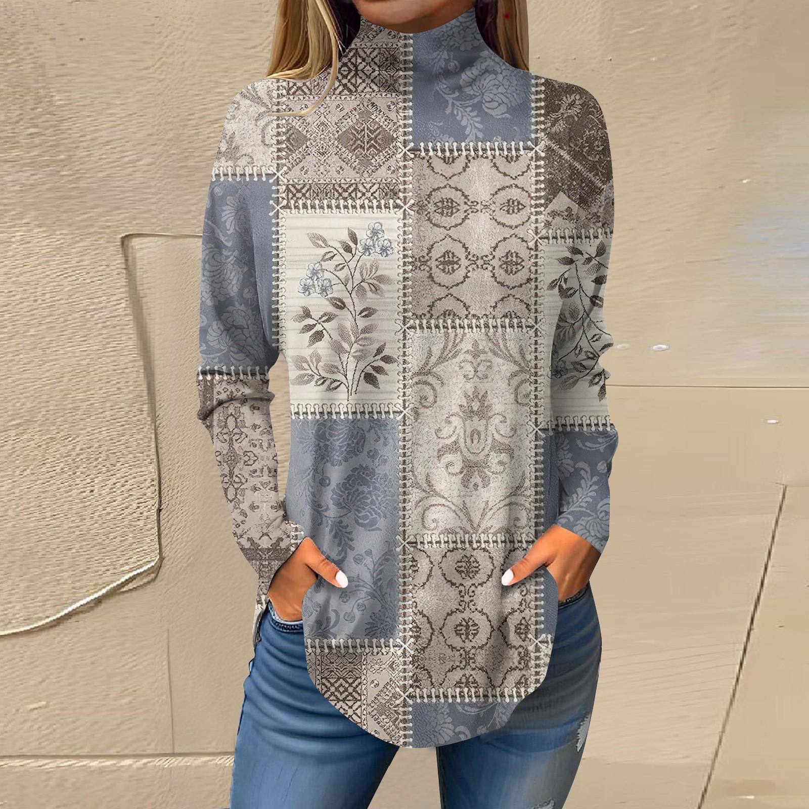 Женская модная повседневная футболка с длинным рукавом с высоким воротом и принтом — фото 9