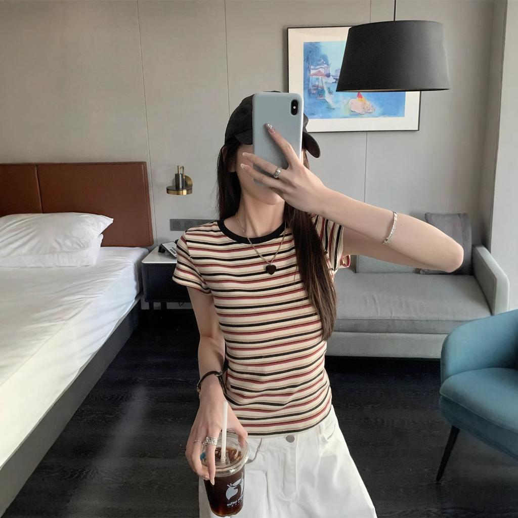 American retro contrasting striped round neck short-sleeved T-shirt women's summer new slim-fitting versatile foreign-style top tide