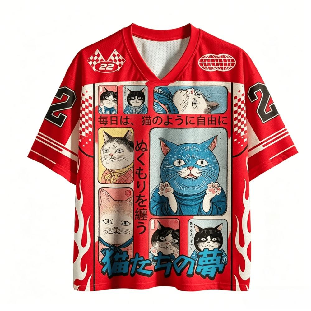 Japanese Ukiyo-e Cat  Retro Cat Manga 3D Print Sport Breatha Quickdry V-neck Tshirt Street Casual Fashion Clothing