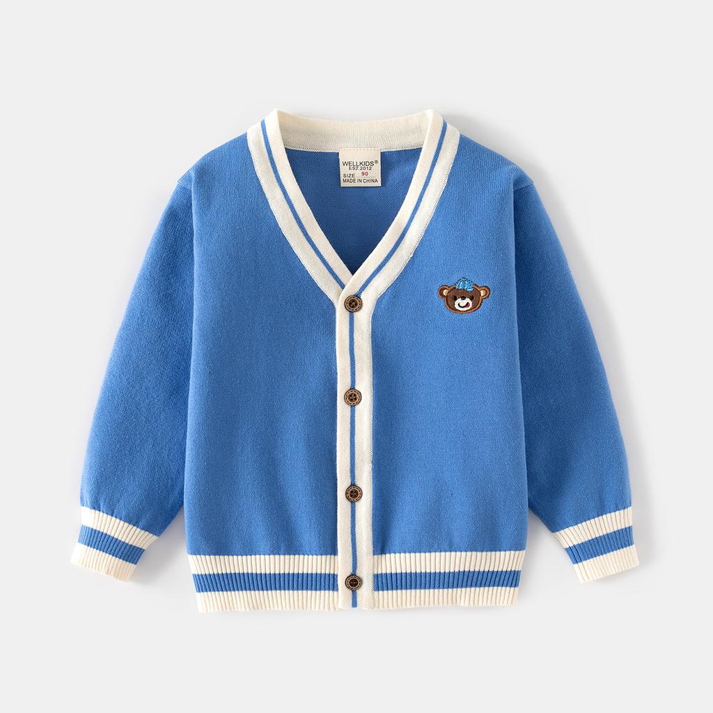 Boys Knit Cardigan Sweater V Neck Embroidered Button Down Outerwear Autumn Fashion Top for Toddler and Kids