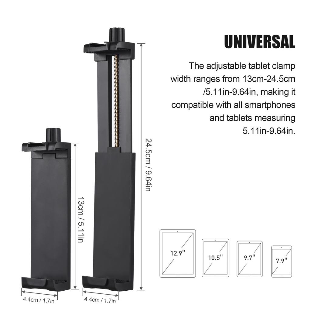 Smartphone Tablet Tripod Mount Phone Holder Clamp 13cm 24.5cm 5.11in 9.64in Adjuatable Width with Cold Shoe Mount 1 4in