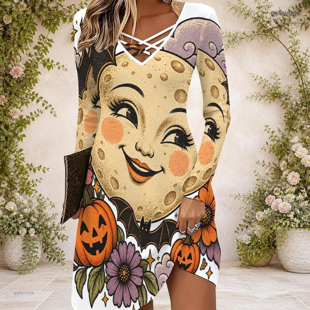 Women Criss Cross V Neck Long Sleeve Halloween Printed Curved Hem Dress