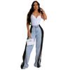 New Women's Patchwork Three-Stripe Wide Leg Jeans, Fashion Denim Straight Leg Stretch Pants for Casual Wear