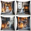 4pcs Halloween Ghost & Goblin Pillow Covers - Spooky Haunted House Design with Jack-O'-Lanterns, Bats, And Candles, Machine Washable, Zipper Closure,