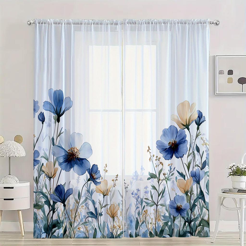 2 Pieces Hd Digital Blue Flowers Printed Window Screen Home Decor Style Decoration Living Room Window Curtain