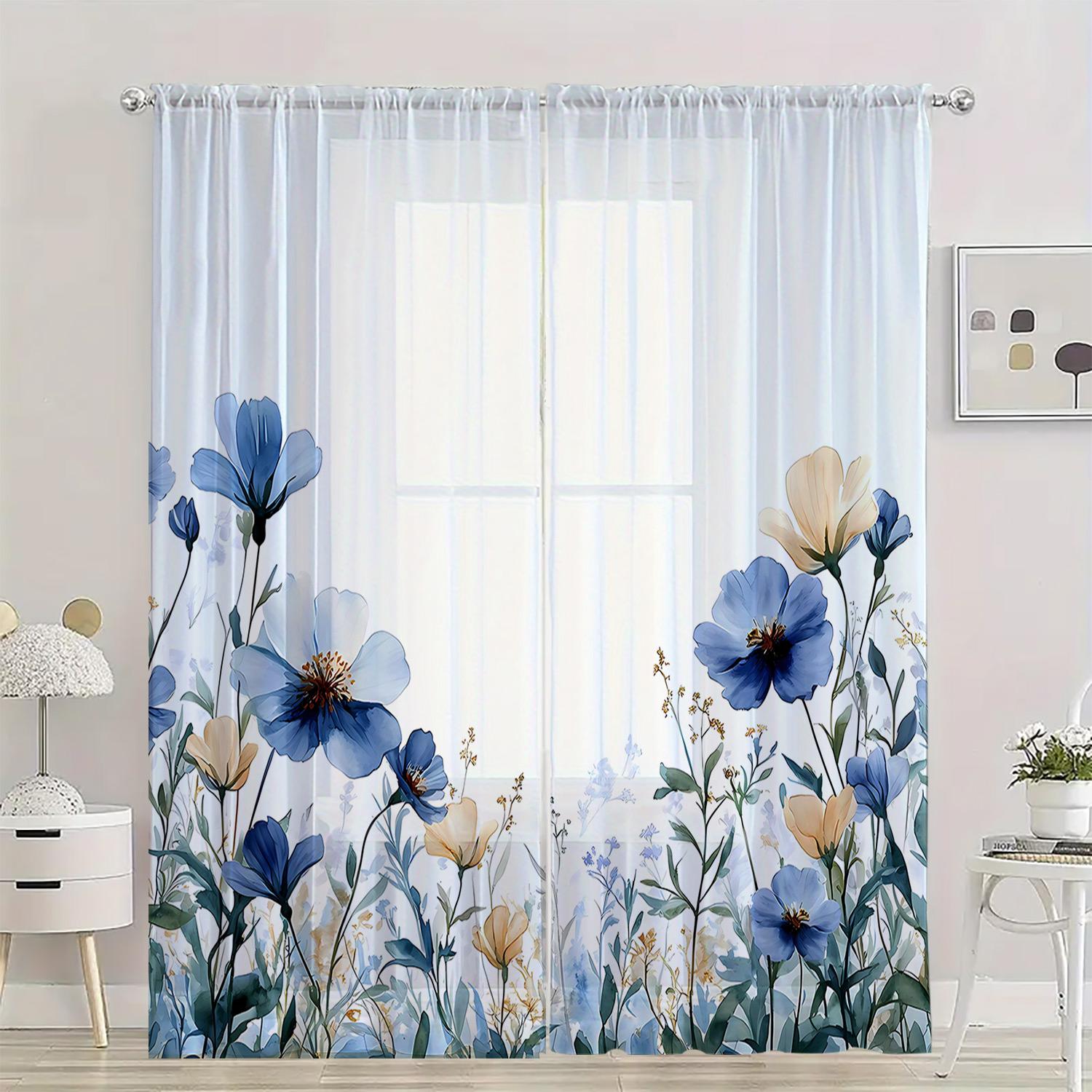 

Set Of 2 Hd Digital Blue Flowers Printed Window Screen Home Decor Style Decoration Living Room Curtain Curtains Made Polyester Sitting Treatment W100*H70(CM)-Rod Pocket&2PCS