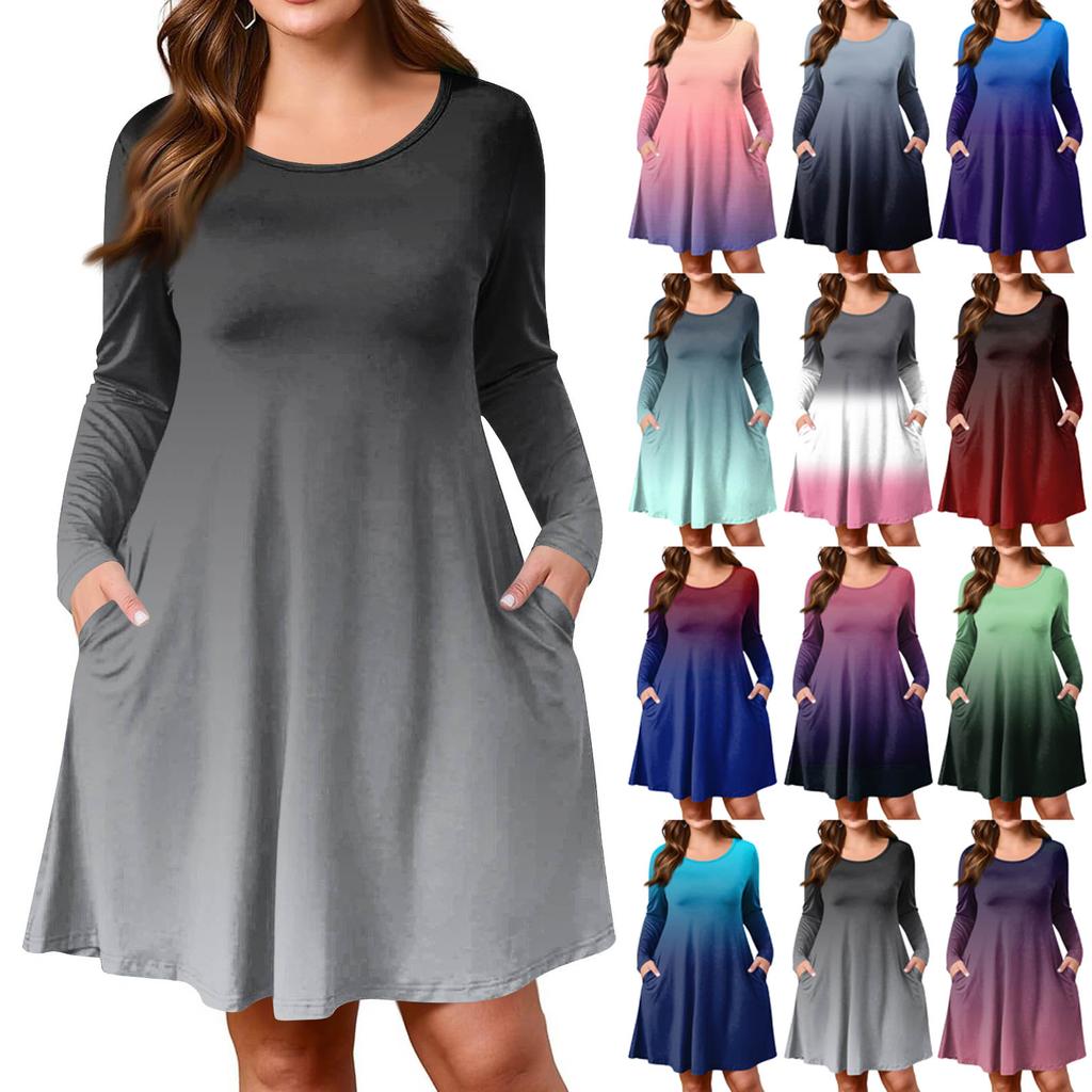 Plus Size Women's Gradient Print Casual Spring/Autumn Pocket Round Neck Long Sleeve Dress