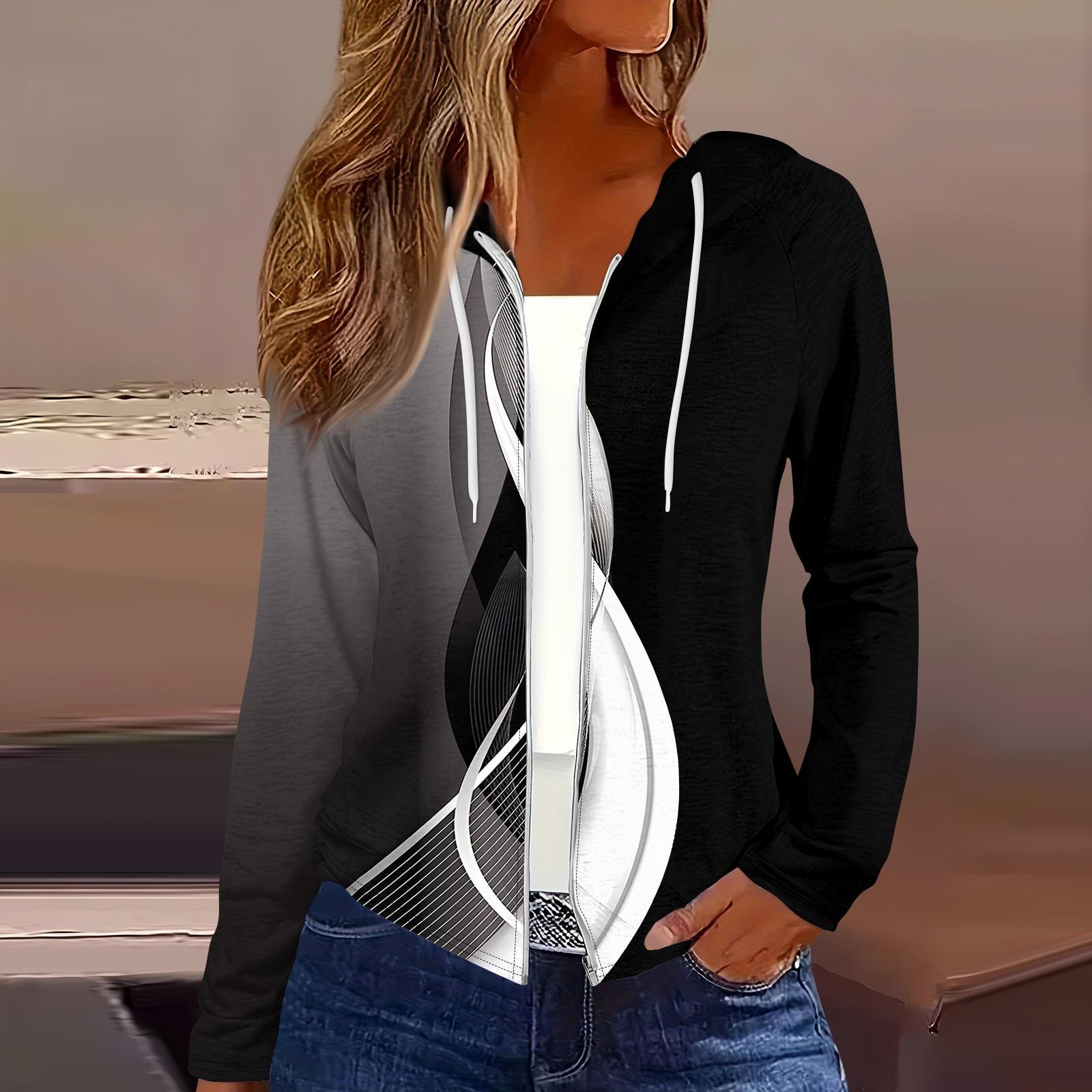 Женская мода повседневная застежка-молния с капюшоном и принтом с длинным рукавом толстовки пальто XXL чёрный 2166₽