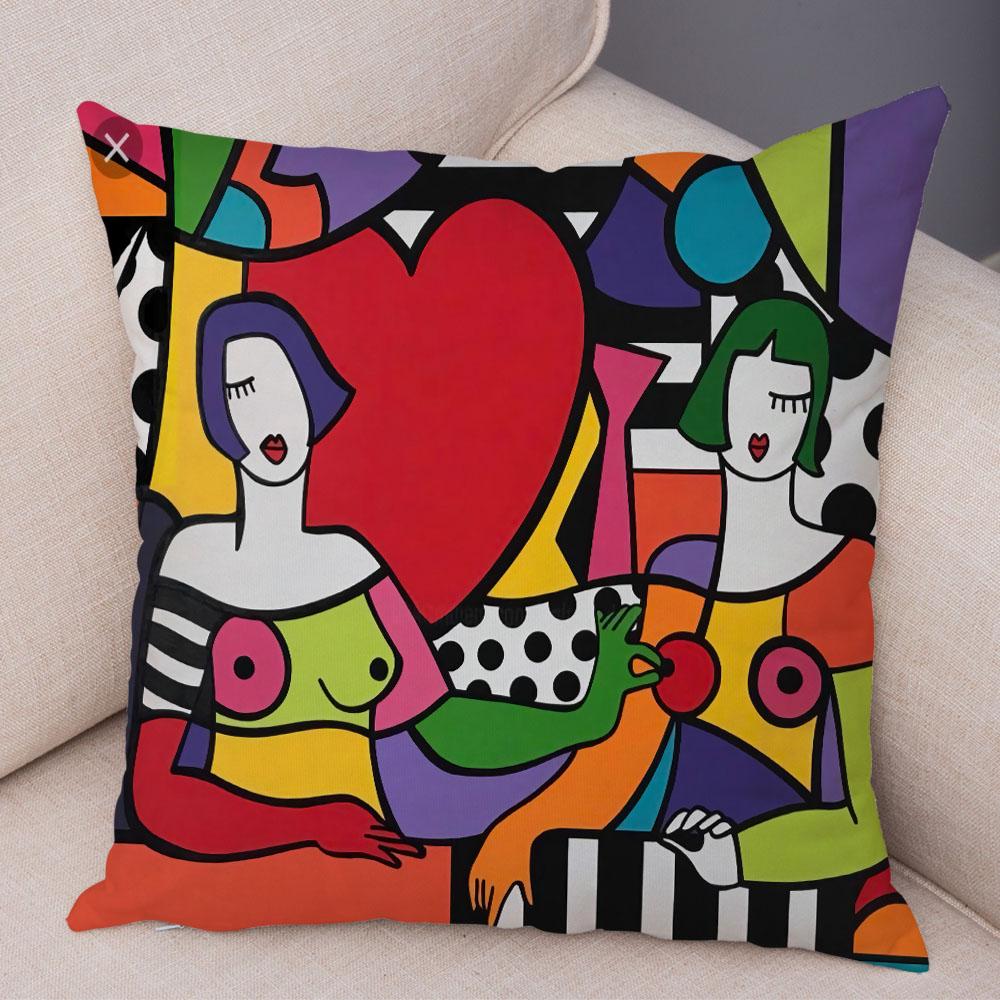 Geometric Cartoon Girl Colorful Abstract Art Drawing Pillowcase Sofa Cushion Cover Home Car Decor Home Decor