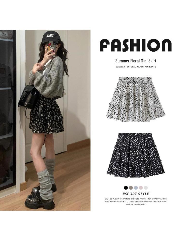 Summer 2025 Floral High-Waisted Loose Slimming Drawstring Anti-Exposure Cake Skirt