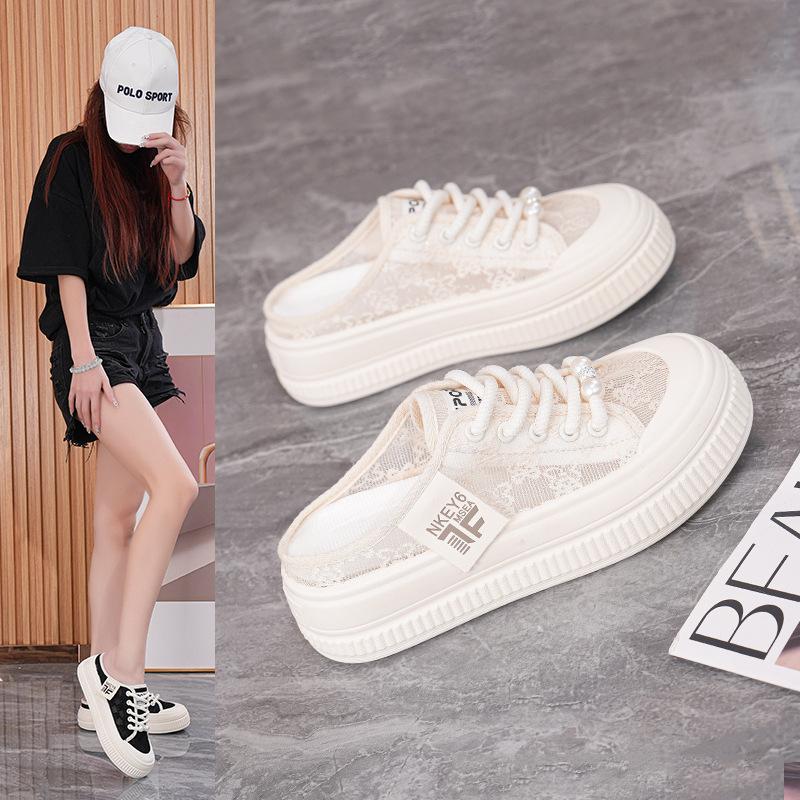 Mesh casual shoes for women in spring and summer 2025 new breathable board shoes with toe caps and no heels half drag women's