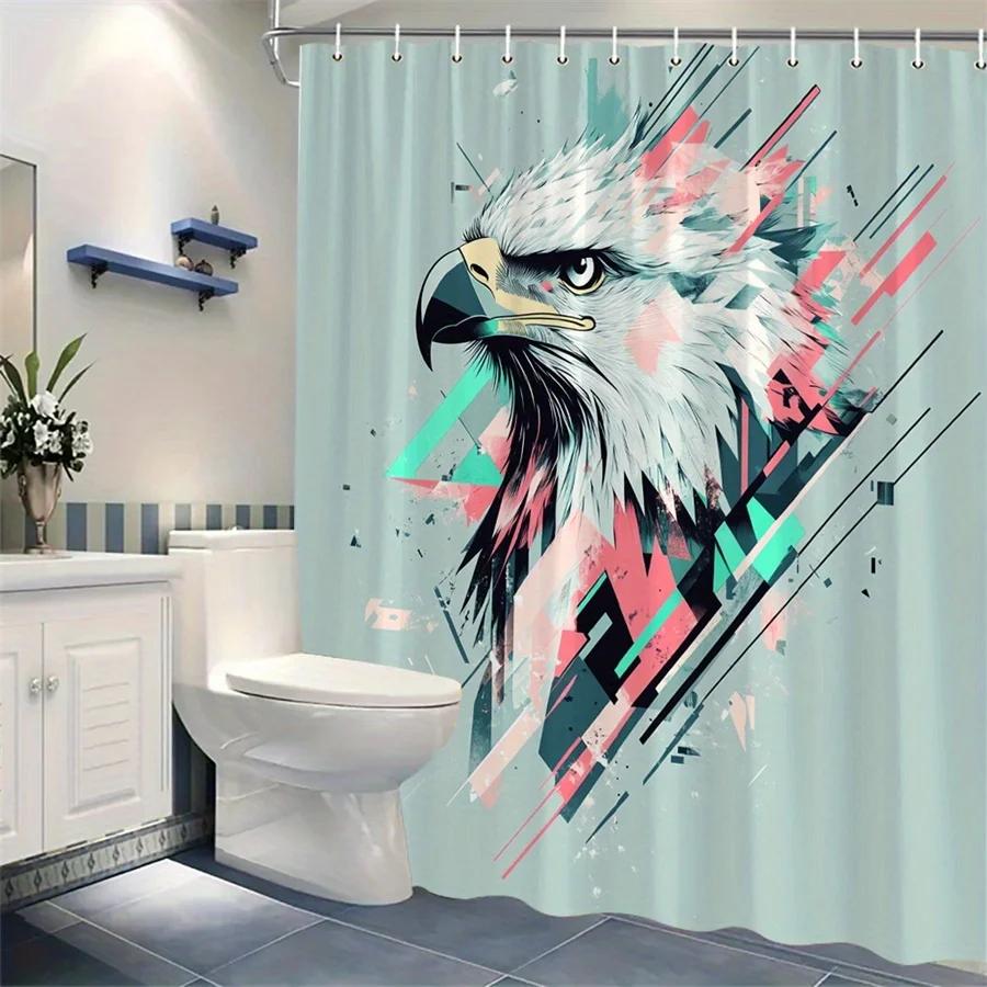 

1Pc Hawk Head Abstract Digital Art Shower Curtain - Modern Geometric Design With White Feathers, Grey Texture & Piercing Blue Ey W60H190(CM)-1 Pcs