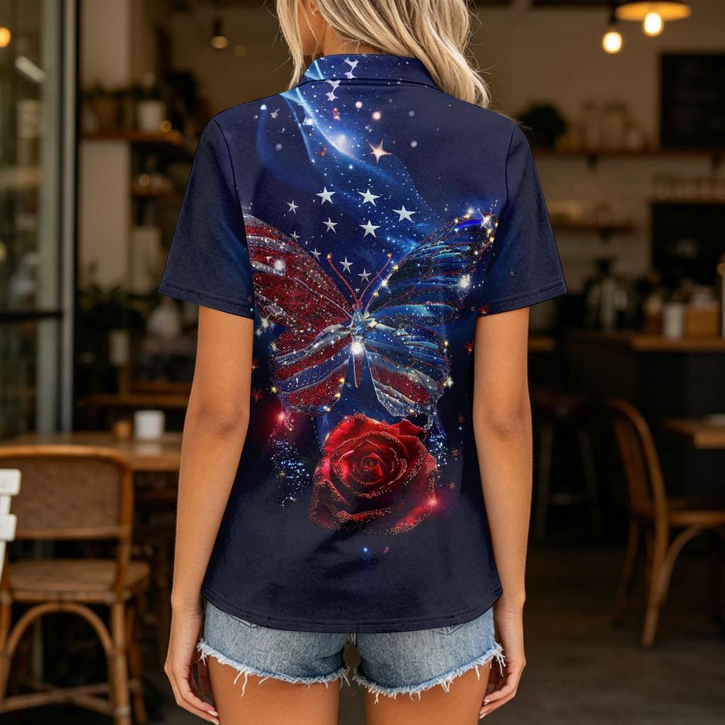 Women's Casual Polo Shirt Short Sleeve Loose Fit Button Up Top with Butterfly and Rose Print Suitable for Everyday Wear