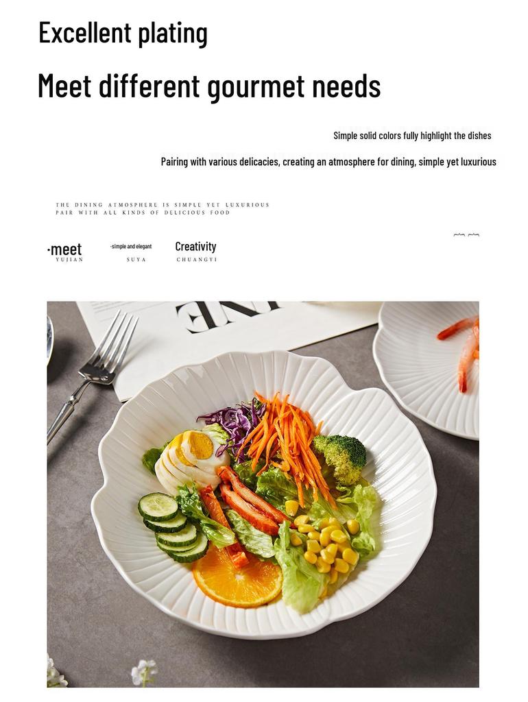 Bílá keramická sada talířů na polévku a salát - Stolní nádobí v západním stylu pro domov a hotel