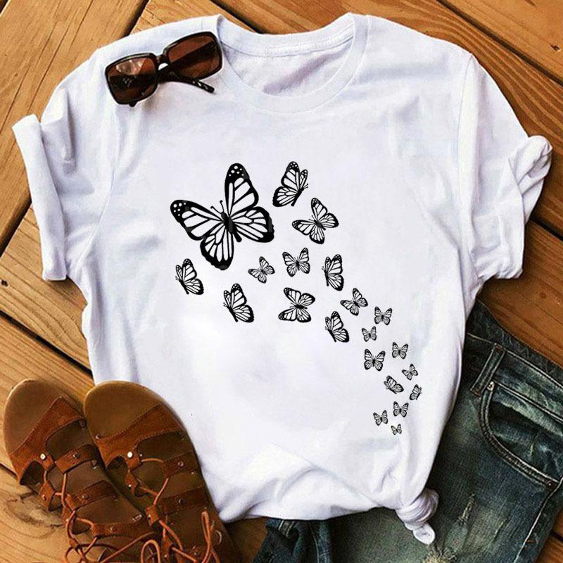 Fashionable Plus Size Color Butterfly Print Simple Base Shirt Loose Fitting Clothes Pure Cotton T-Shirts Women’s