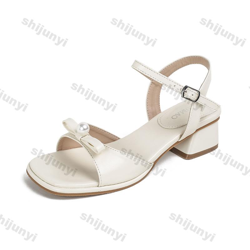 Fashion Elegant Medium Heel Women's Shoes 2025 New Fashion Square Button Chunky Heels Fashion One Word Buckle Strap Square Toe Sandals