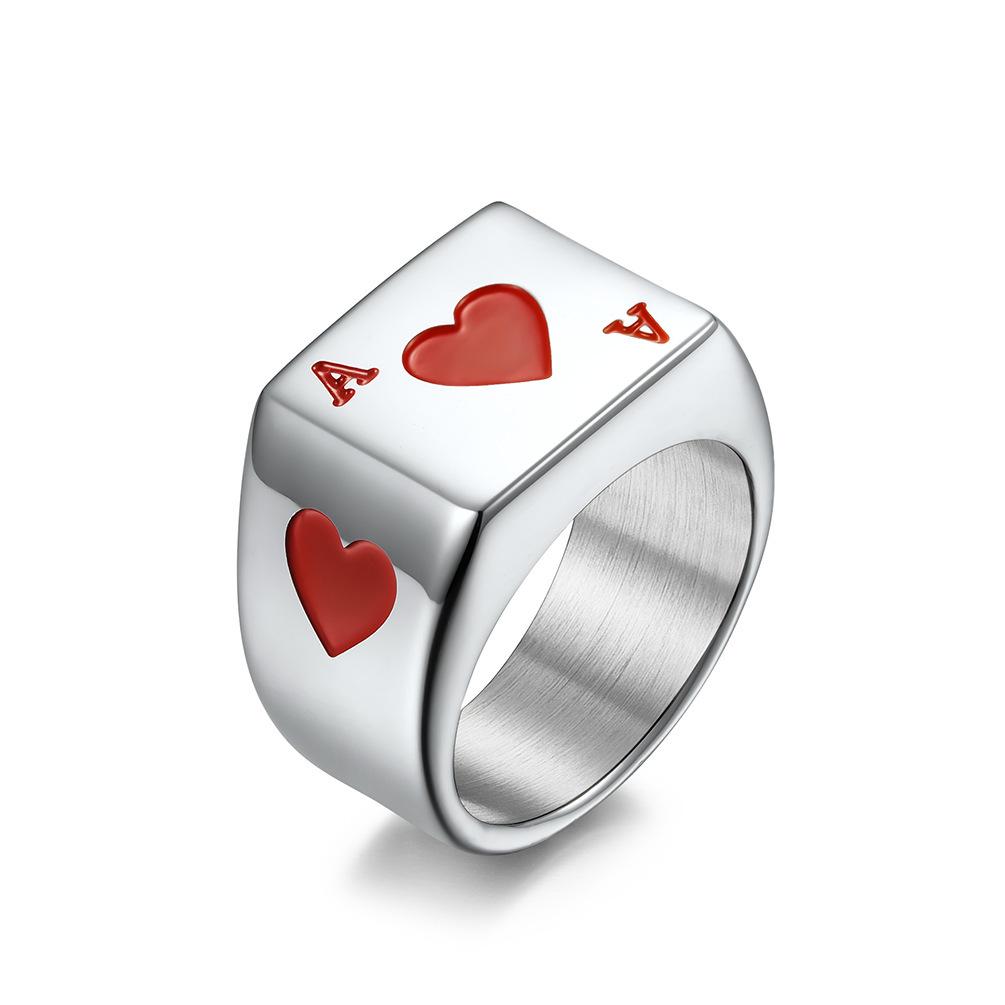 Red Heart & Spade Titanium Steel Men's Ring - European & American Style Lucky Playing Card Jewelry