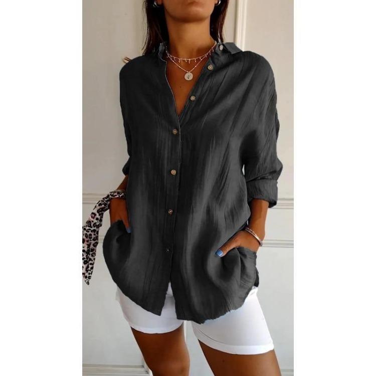 European Style Women Solid Pleated Shirt with Lapel and Roll Up Sleeves