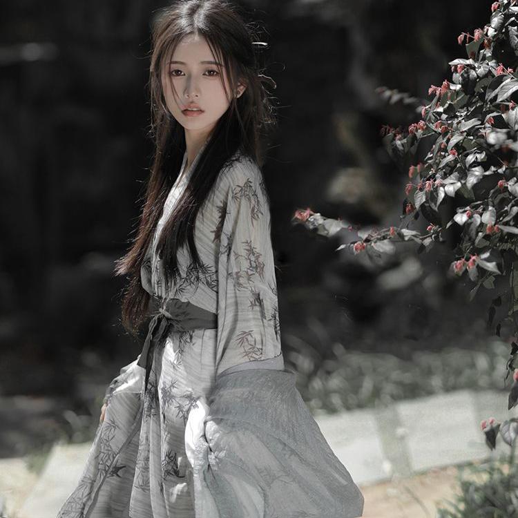 Vêtements pour femmes de Style chinois Wei et Jin, robe Hanfu grise à imprimé feuilles de bambou, à col croisé