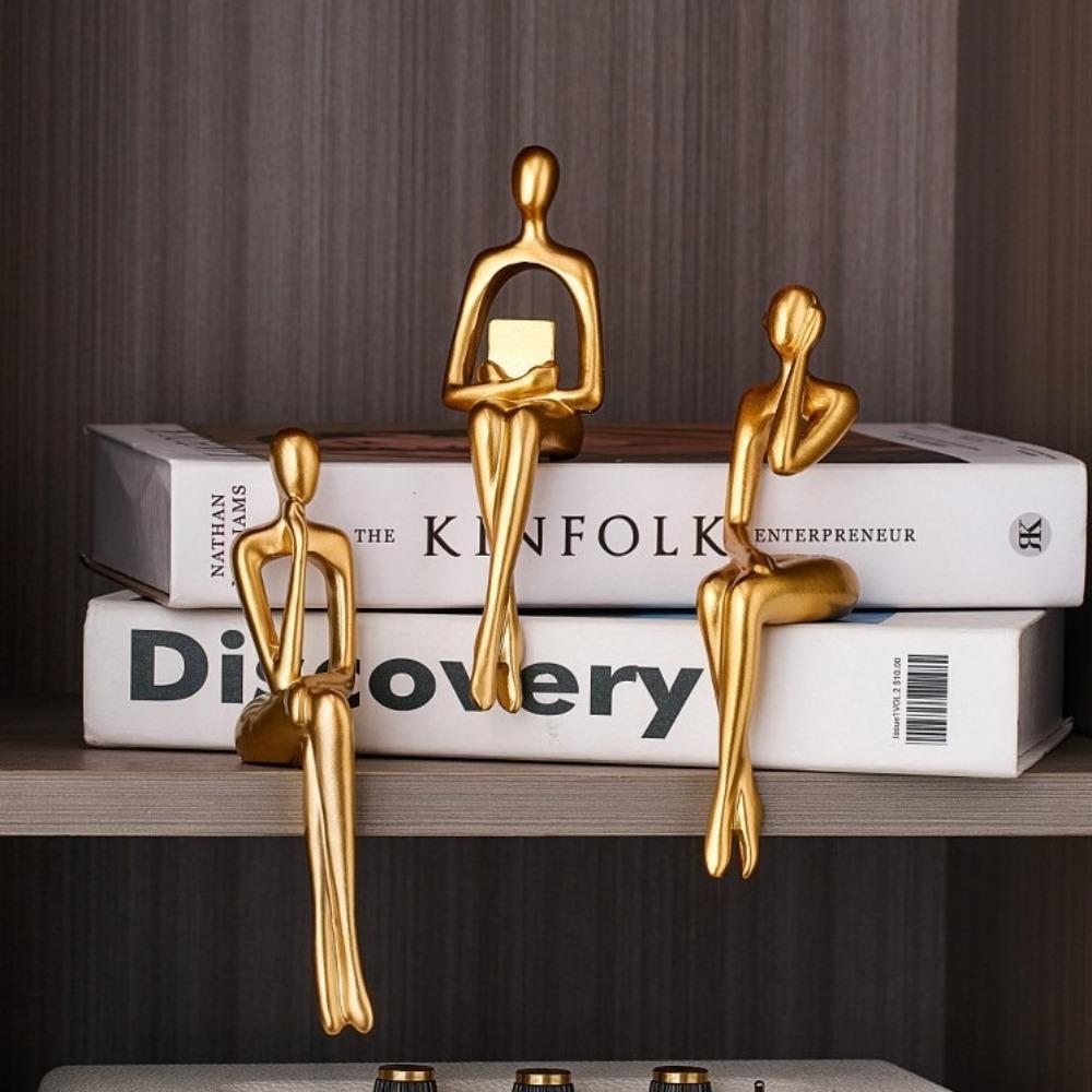 Resin Human Body Art Ornament Abstract Design Golden Finish Figure Statue Thinking Reading Man Desktop Ornament Home Decor