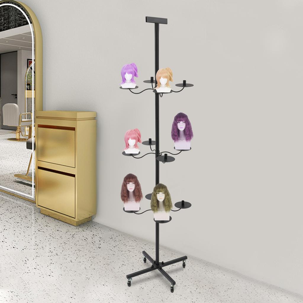 12-Head Iron Wig Holder,Pink/Black Cross Base/Round Base Freestanding Wig Display& Storage Rack 50*50*178cm for Hair Salons