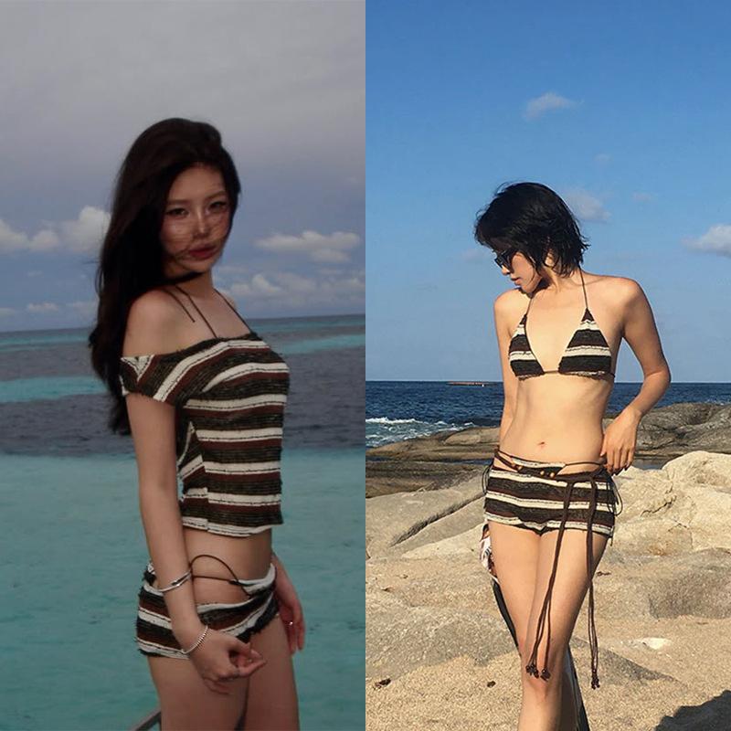 

European and American stripes sexy three-point split bikini cover belly and look thin hot spring vacation swimsuit M