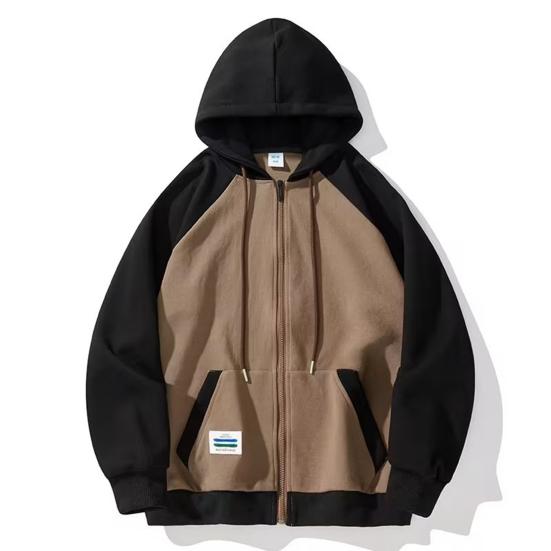 

Men Fall Winter Coat Color Matching Hooded Thick Plush Loose Long Sleeve Zipper Closure Drawstring Pockets Elastic Cuff Mid Length Men Hoodie Jacket L коричневый