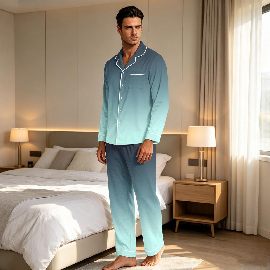 Men's Gradient Print Pajama Set: Loose Fit Lapel Cardigan & Straight Leg Pants - 2 Piece Sleepwear