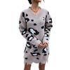 Casual Fashionable and Elegant Autumn and Winter Knitted Long Sleeve V-Neck Tattered Leopard Print Sweater Dresses