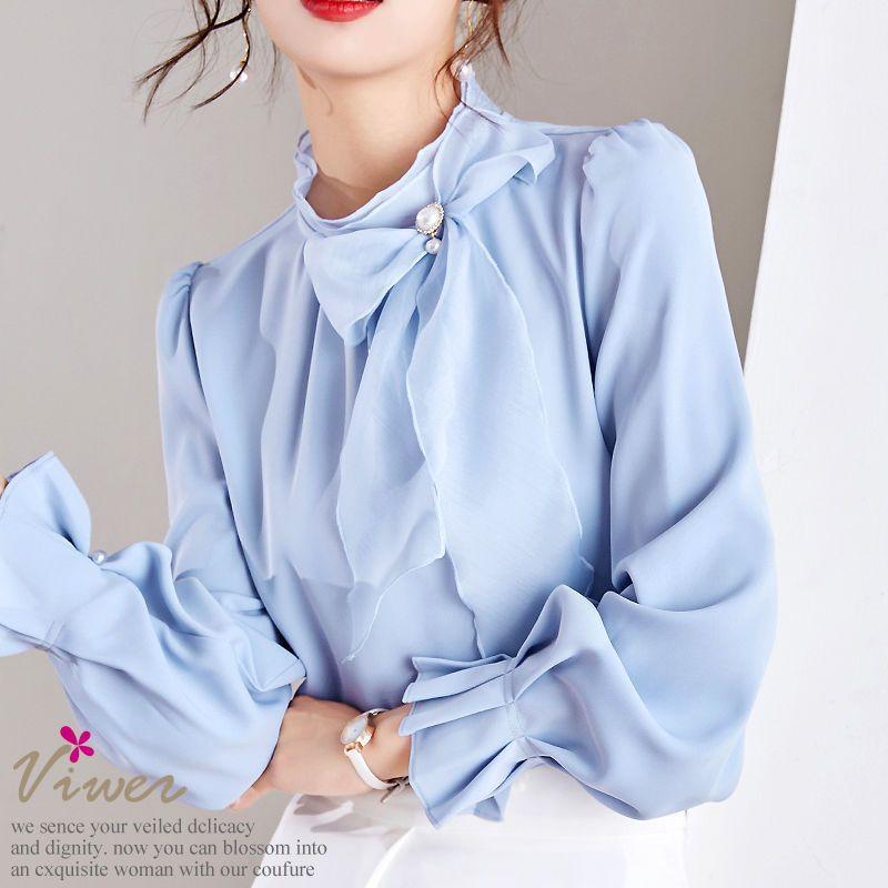 Bowknot Chiffon Blouse for Women, Long Sleeve, 2026 Spring and Autumn Fashion, Bell Sleeve Chiffon Top, Tummy-Covering Stylish Shirt 3XL Suggestions145-155Jin синий