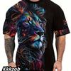 Men's 3D Printed Lion Short-sleeved Crew Neck T-shirt for Summer, Soft and Breathable, Casual and Comfortable, Suitable for Outdoor Sports.