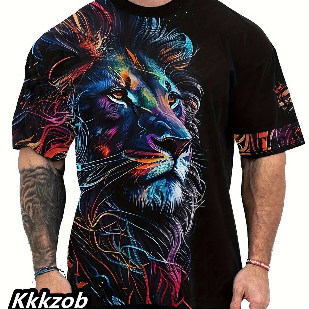 Men's 3D Printed Lion Short-sleeved Crew Neck T-shirt for Summer, Soft and Breathable, Casual and Comfortable, Suitable for Outdoor Sports.