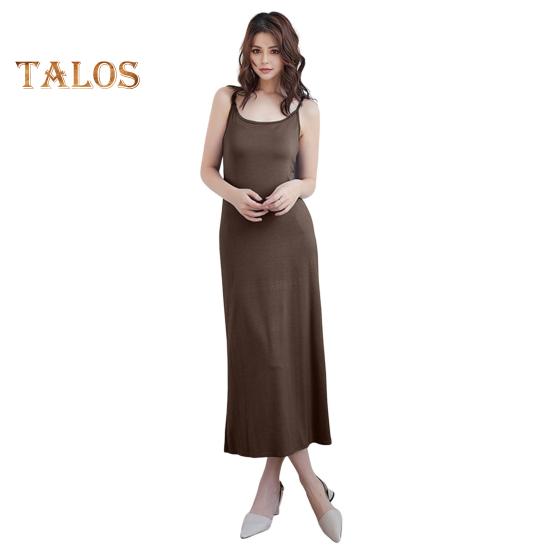 Women Bottoming Dress Round Neck Loose Solid Color Stretchy Backless Sleeveless Suspender Long Dress Home Daily Wear Bedroom Midi Dress
