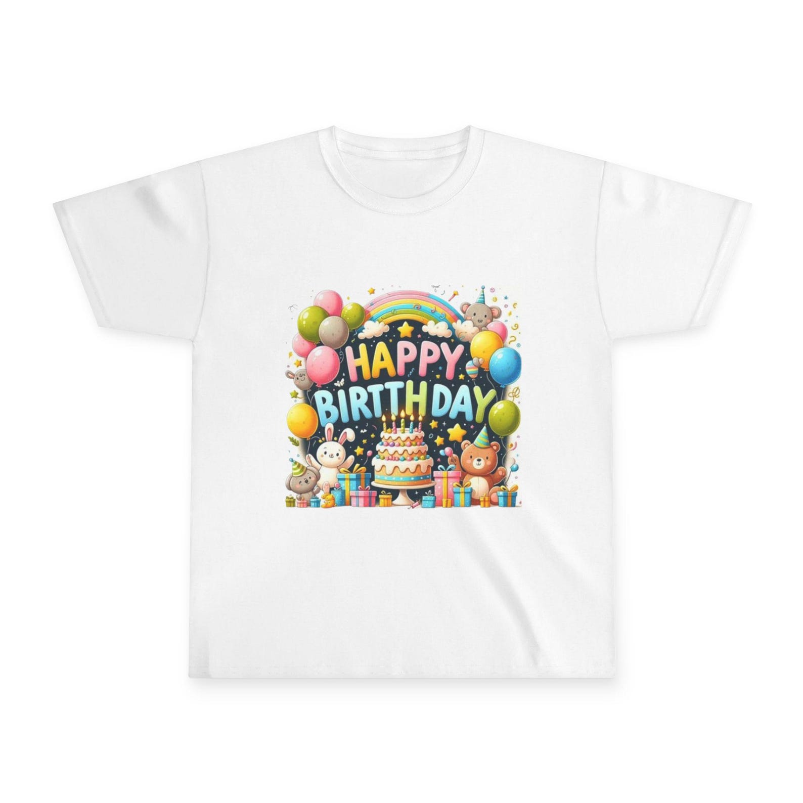 Happy Birthday Youth Tee | Cake, Balloons, Animals, Rainbow Graphic 140