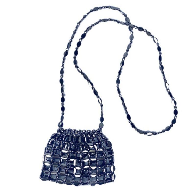 Women's Metallic Sequin Dumpling Bag, Handmade Beaded Woven Acrylic Crossbody Bag, Retro Shiny Shoulder Bag Phone Bag