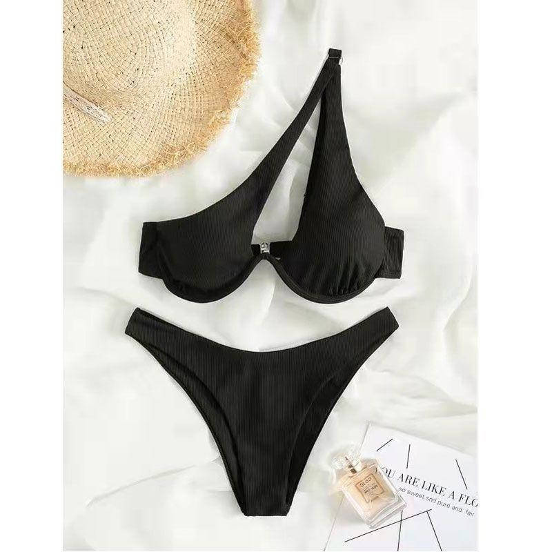 Nouvel Été Nouveau Bikini Fête de Plage Sexy Dames Maillot de Bain Deux Pièces Couleur Unie Une Épaule Ensembles Soutien-Gorge Français Femmes Découpé Y2k Vêtements Féminins