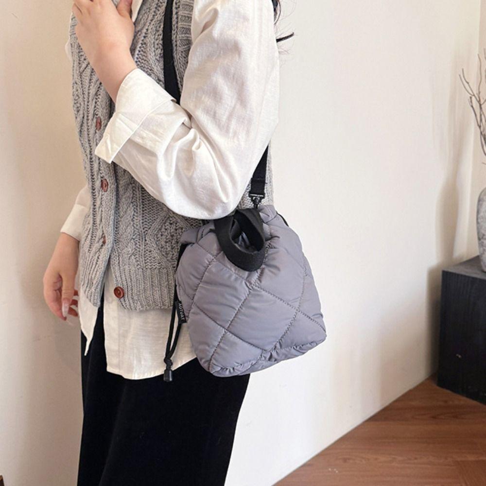 Solid Color Nylon Shoulder Bag Elegant Down Crossbody Bag Simple Drawstring Bucket Bag  Female