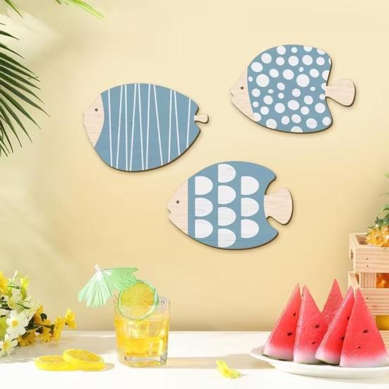 3 Pcs Wooden Fish Wall Decor Beach Nautical Coastal Theme Blue Fish Wall Sculpture Vintage Lake House Wall Art for Bathroom Living Room