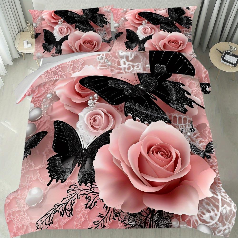 3pcs Pink Bedding Set Butterfly Rose Pearl 3D Print Cozy Duvet Cover King Queen Twin Size Birthday Gift for Adult Bedroom Decor