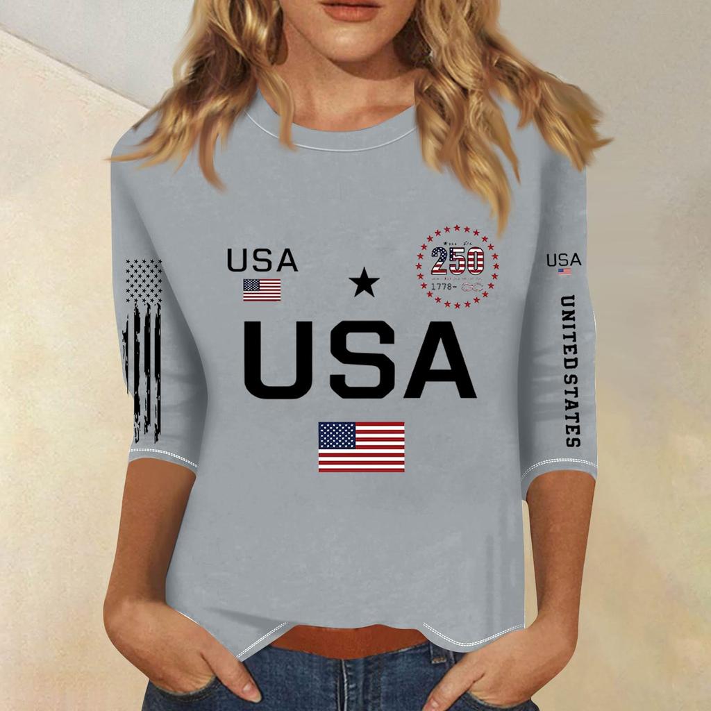3/4 Sleeve Tops For Women T-Shirt Casual  Print Tops T Shirt Round Neck Pullover Blouse