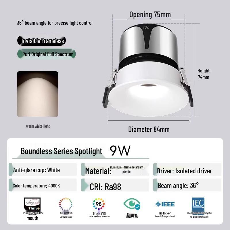 NVC Lighting Frameless LED Spotlight - Anti-Glare, Full Spectrum, Wall Washer, Recessed for Living Room