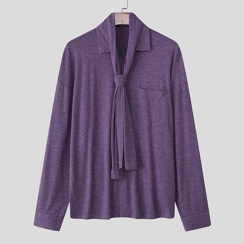 INCERUN Spring Men Tie-up Long Sleeve Casual Loose Oversized Pullover T-shirts Tops